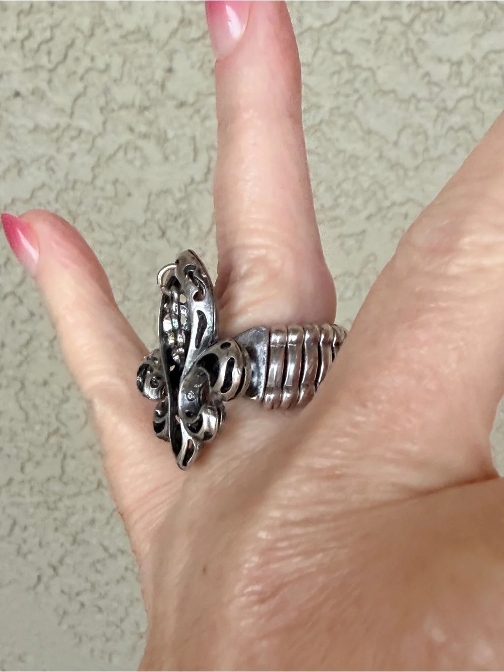 Fleur-de-Lis Silver Tone Statement Ring with Clear Dangling Stones
